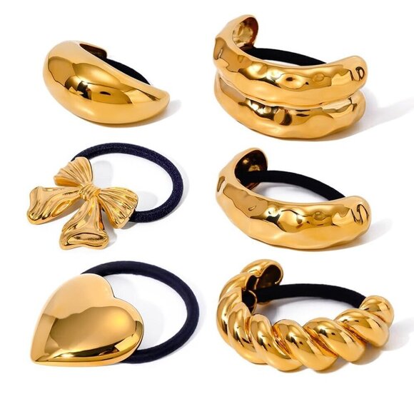 18K Gold Chunky Hammered Arch Hair Cuffs Hair Ties, Stainless Steel Ponytail Cuf - Picture 3 of 9